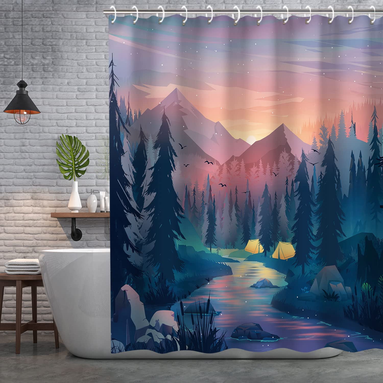 Stall Shower Curtain 36"x72" Inches Small Shower Curtain, Forest Mountain Shower Curtain Tree Shower Curtains for Bathroom, Nature Shower Curtain Hooks