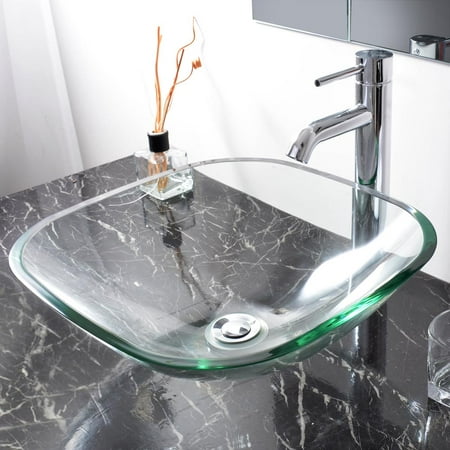Aquaterior Glass Vessel Sink Bathroom Tempered Natural Clear Square Shape Transparent (Best Product To Unclog Bathroom Sink)