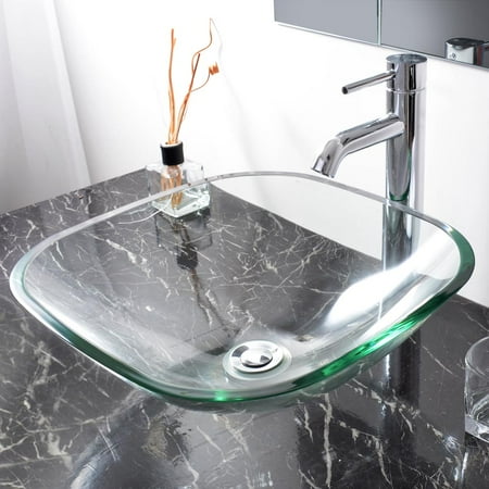 Aquaterior Glass Vessel Sink Bathroom Tempered Natural Clear Square Shape Transparent (Best Product To Unclog Bathroom Sink)