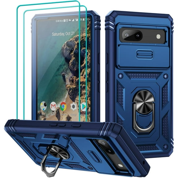 for Google Pixel 7A Case with Slide Camera Cover & Screen Protector*2, Pixel 7A Case Build in 360° Rotating Ring Kickstand, Military Grade Protective Case for Google Pixel 7A Phone Case, Blue