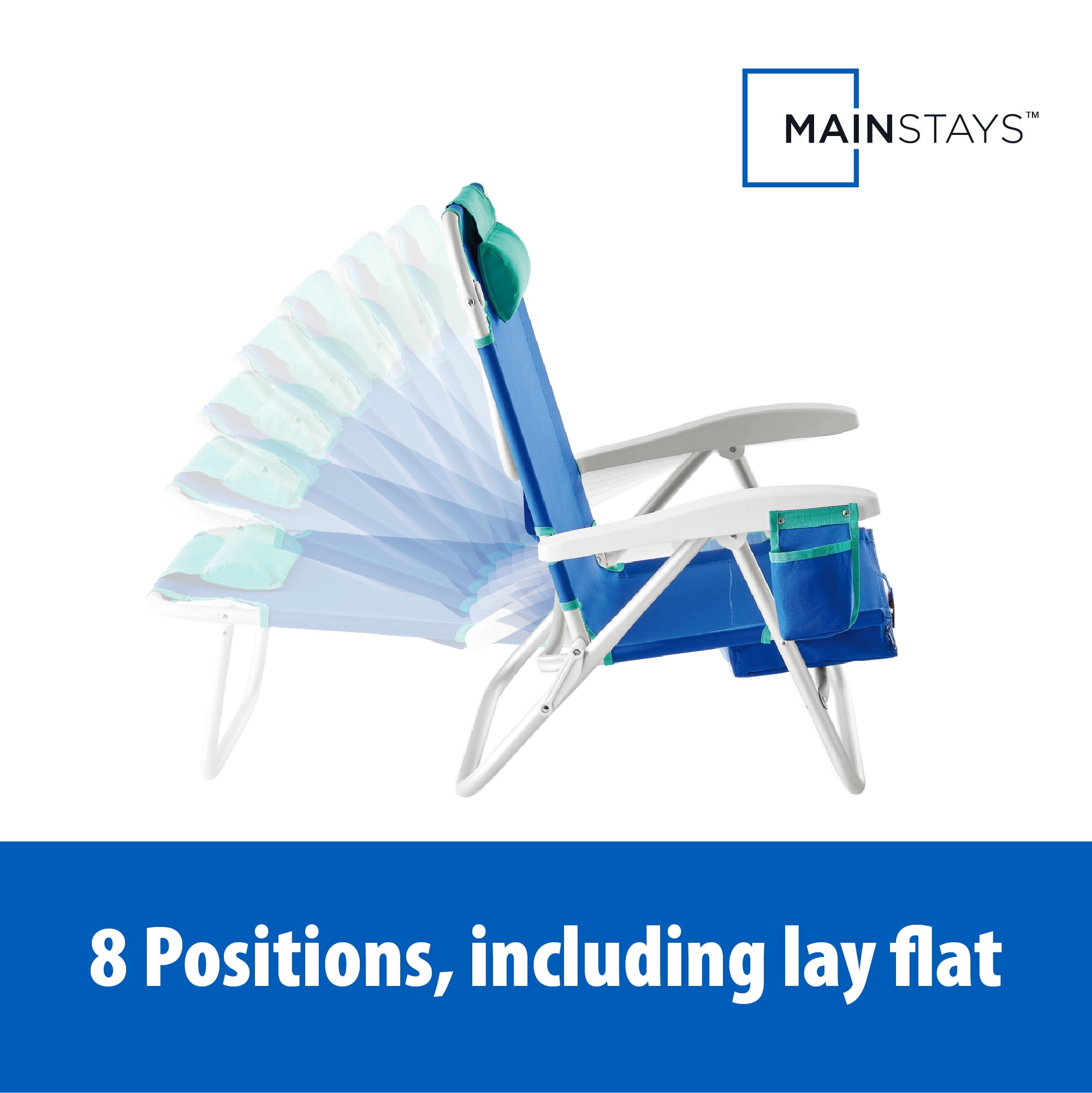Mainstays Backpack Beach Chair, Reclining, Lay Flat, Blue