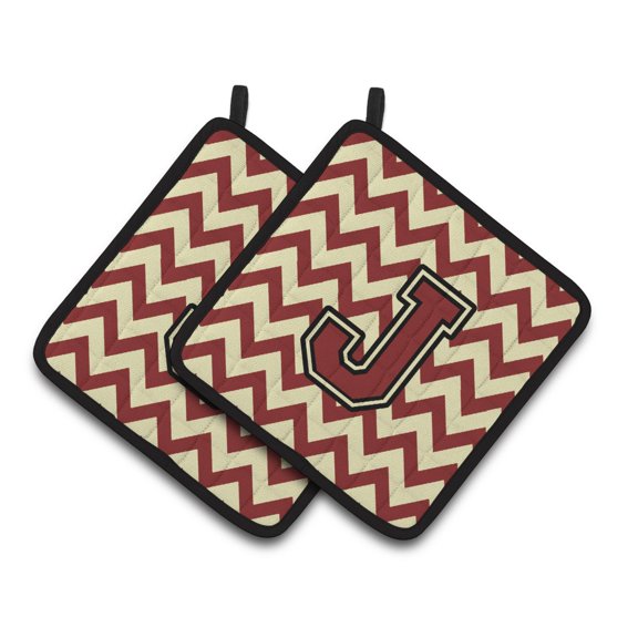 Caroline's Treasures CJ1061-JPTHD Letter J Chevron Maroon and Gold Pair of Pot Holders, 7.5HX7.5W, multicolor