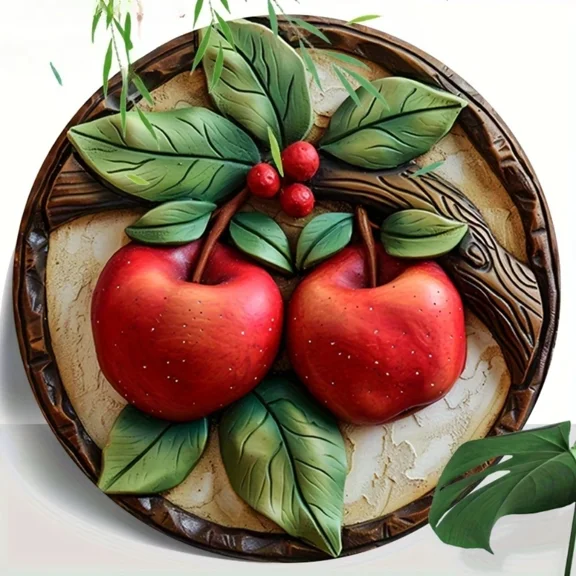 HELLOYOUNG Red Apple Decor Signs for Kitchen Garden Cafe Bar, Rustic Fruit Pattern Metal Wall Art Hanging Ornament with Tree Branch Design