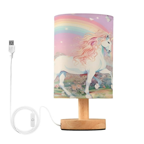 Unicorn Flowers with Rainbow Table Lamp USB Bedside Desk Nightstand Lamp Printed Gifts Small Lamp Wood Base for Bedroom Living Room Kids Room College Dorm