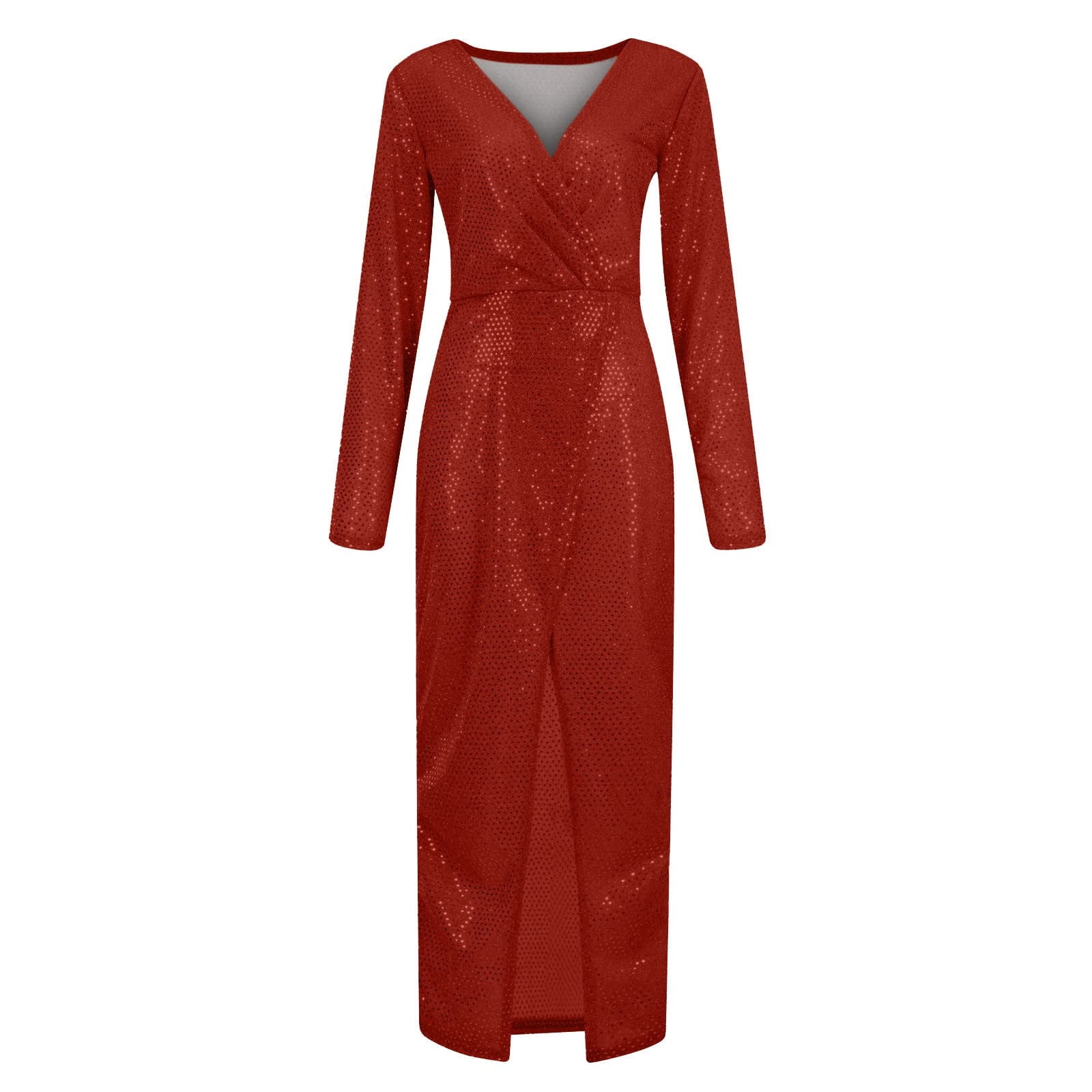 Formal Dresses for Women Sequins Split-Forked Solid Long Sleeve Maxi Summer And Fall Red Dress Size M - image 5