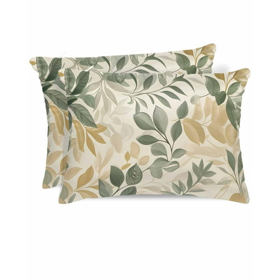 Hokiten Pillow Cases Standard Size Set of 2, Lumbar Pillow Covers, Sage Green Yellow Botanical Satin Pillowcases with Zipper for Hair/Skin, Pillow Protector Cover, Spring Summer Vintage 20x26 Inches