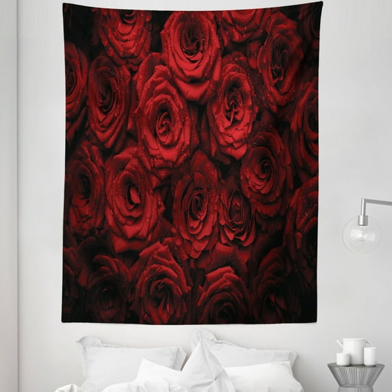 Romance Tapestry, Roses Drops of Water Blooming Bouquet of Love and Passion Image Illustration, Fabric Wall Hanging Decor for Bedroom Living Room Dorm, 5 Sizes, Black Red, by Ambesonne