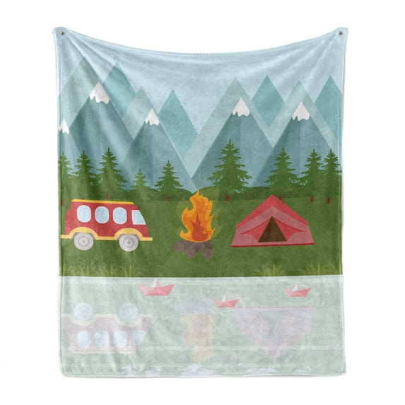 Camper Soft Flannel Fleece Throw Blanket, Cartoon Tent and Hippie Style Caravan in the Mountains Countryside Activities, Cozy Plush for Indoor and Outdoor Use, 70" x 90", Multicolor, by Ambesonne