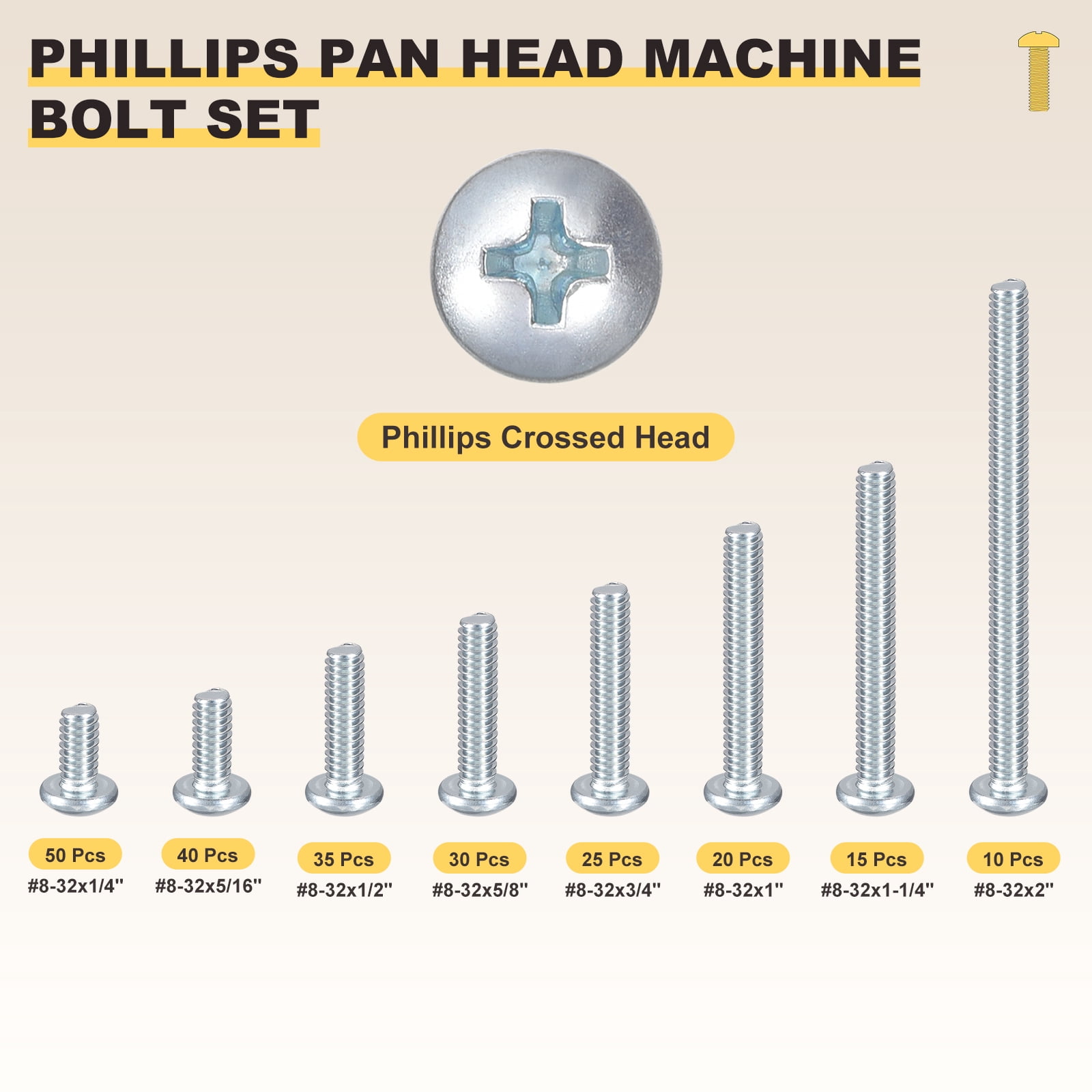 Phillips Pan Head Machine Bolts Assortment Kit (#8-32) 225Pack, Carbon Steel Pan Head Mounting Screws - for Home Door Window Installment Electrical DIY