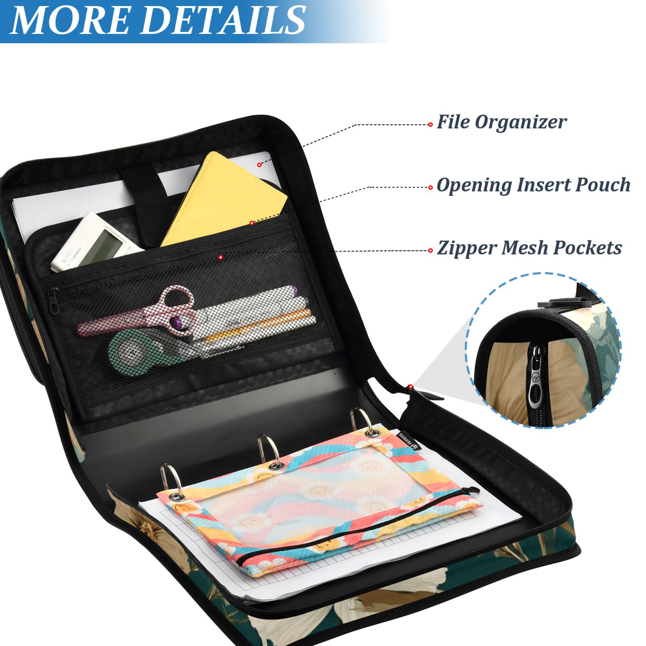 Zipper Binder Natural Scenery and Wildflowers 1.5 Inch Binder Folder Bag with Shoulder Strap and Handle