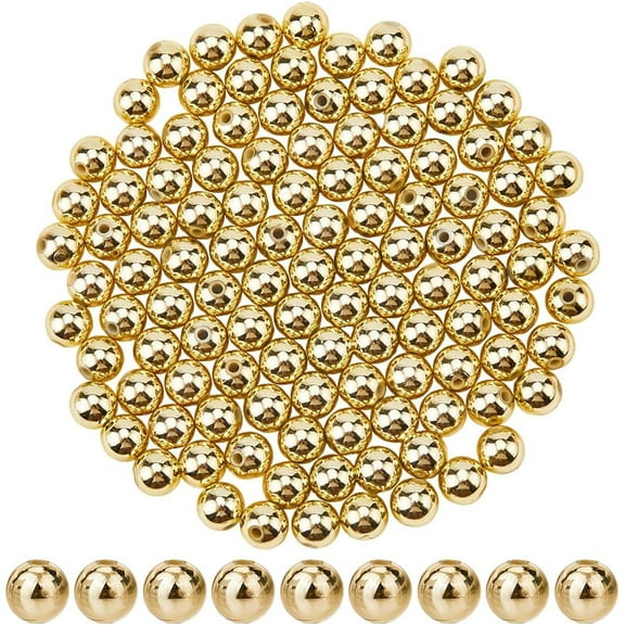 300Pcs ABS Imitation Pearl Beads Gold Round Spacer Beads Bulk 10mm Plastic Seamless Smooth Loose Ball Bead Spacers for Bracelets Necklace Earrings Jewelry DIY Crafts Making Decor Supplies Golden