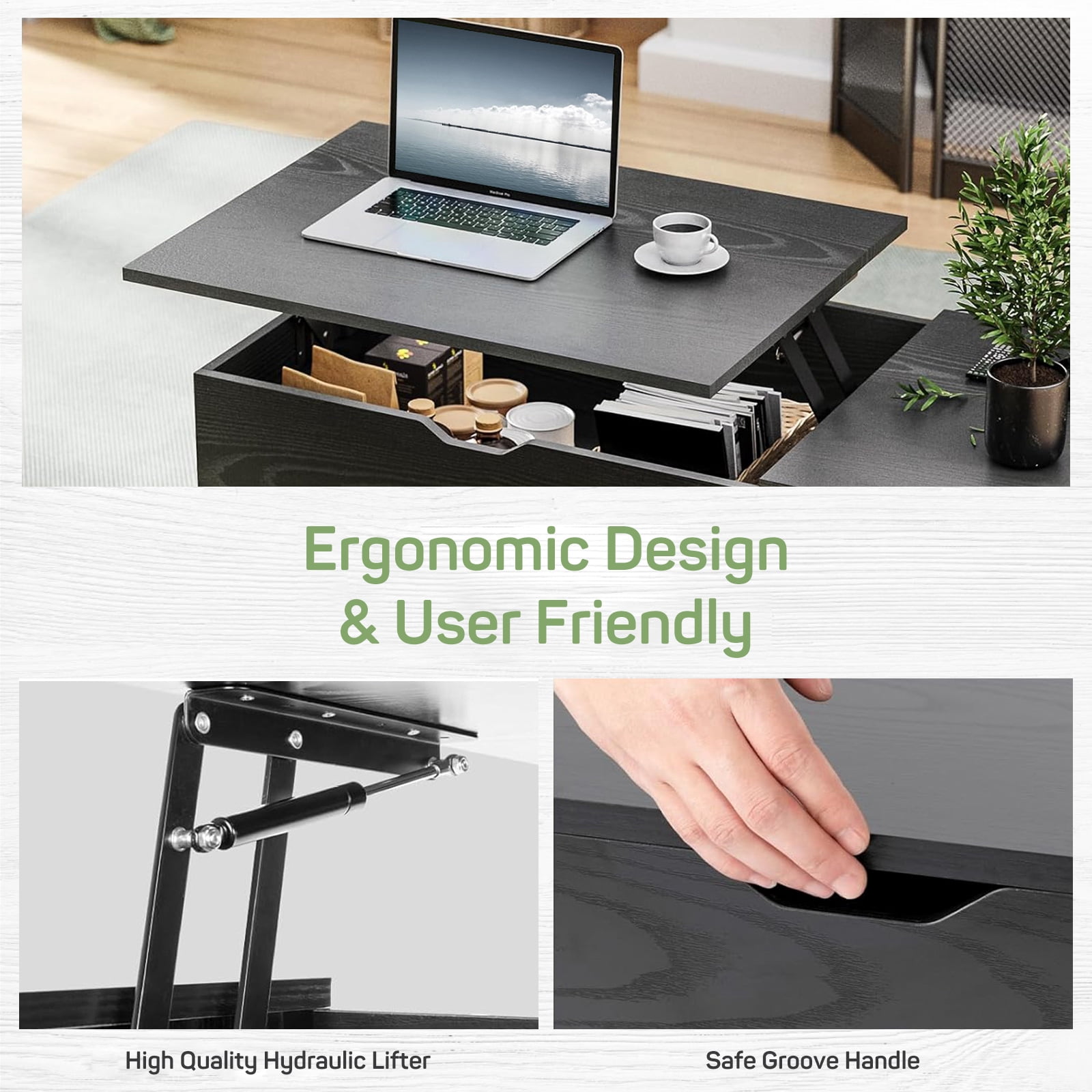 Casabay Lift Top Coffee Tables for Living Room, Small Modern Wooden Center Tables with Storage Shelf and Hidden Compartment