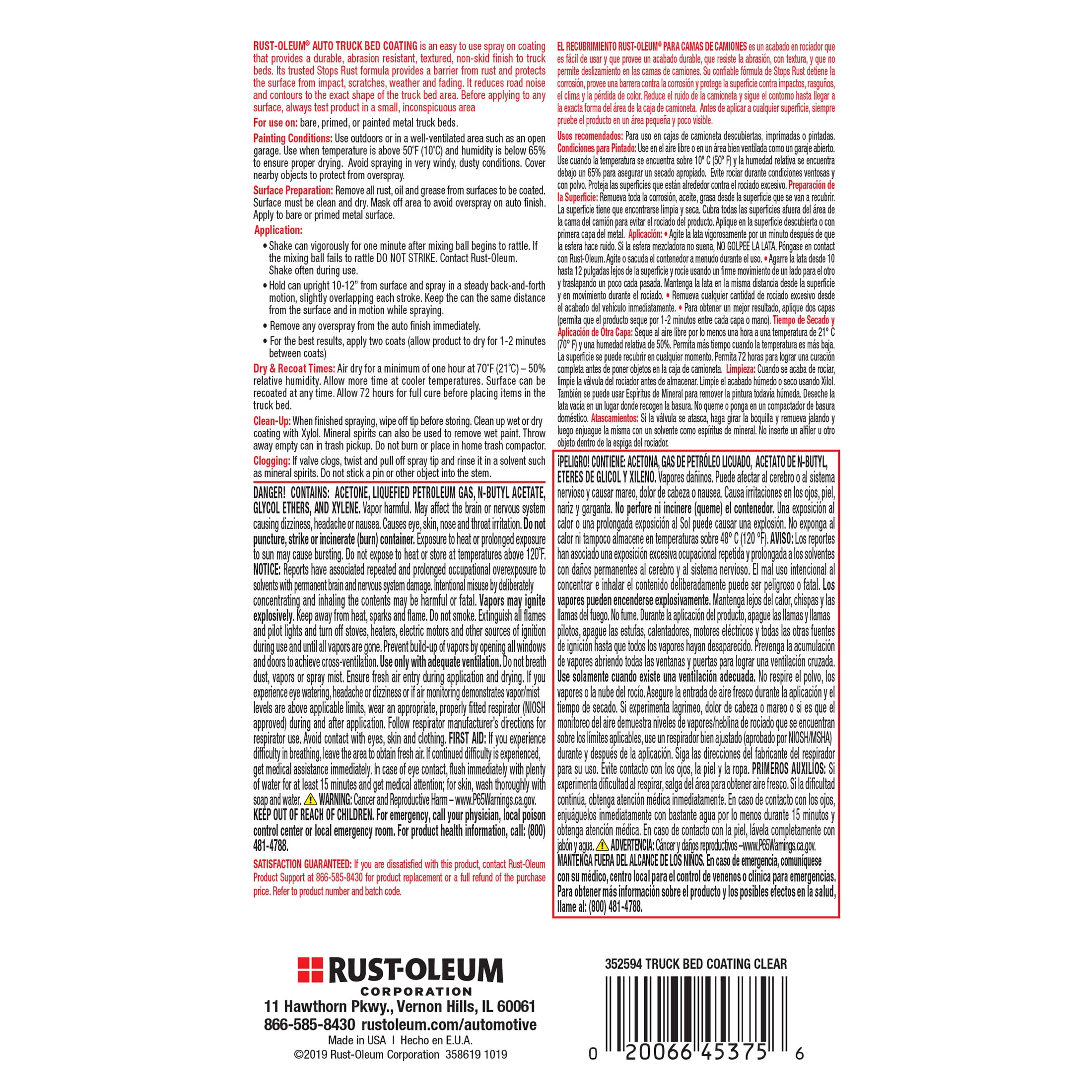 Clear, Rust-Oleum Automotive Truck Bed Coating Spray Paint & Primer in One-352594, 15 oz