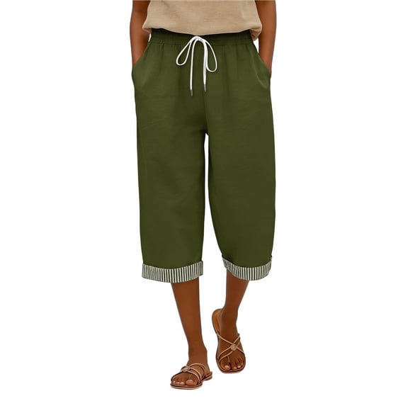 Womens Capris Casual Straight Leg Pants with Side Pockets Loose Fit Trousers Elastic Waist Solid Army Green L