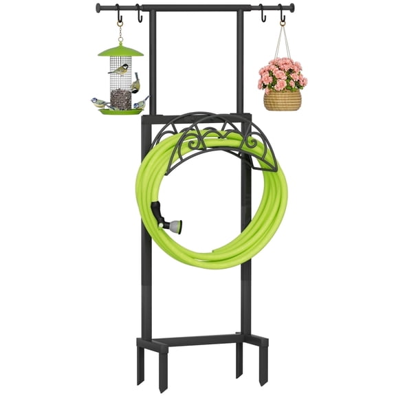 NEYCIL Garden Hose Holder, Freestanding Water Hose Stand with Telescopic Pole and 4 Spikes, Heavy Duty Metal Storage Rack and Hanger for Outside, Black