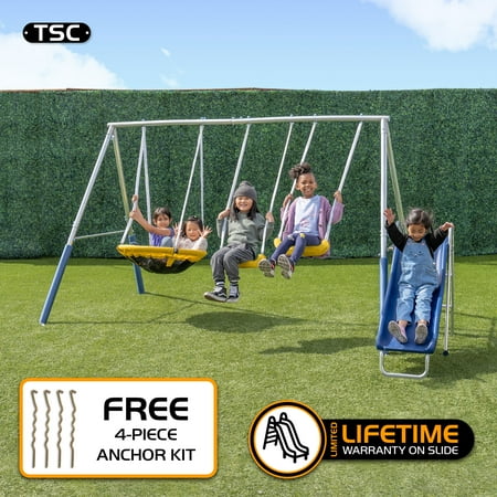 TSC Reese Galvanized Metal Swing Set with 2 Swing Seats  5-ft Blow-Molded Slide & Bonus 4-Pc Anchor Kit