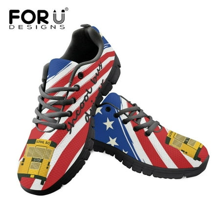 

School Bus Driver Pattern Woman American Flag Print Woman Flats Lace Up Shoe Sneakers Breahtable Spring/Autumn Shoes