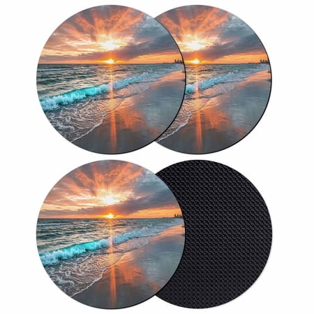 Coastal Sunset Coasters Set of 4 Absorbent Coasters for Drinks Summer Orange Beach Nautical Natural Scenery Coaster for Desk Coffee Table Protection Home Decor House Warming Gifts 4