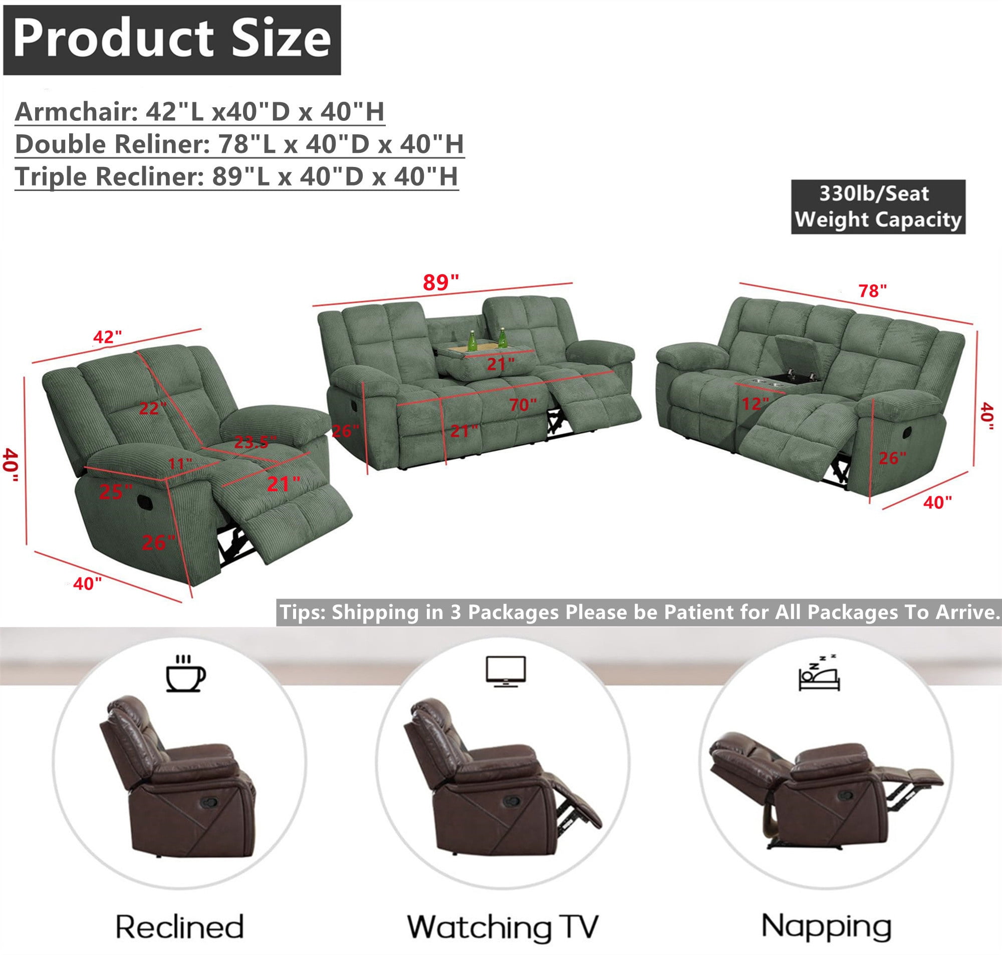 Aukfa 3-Piece Recliner Sofa Set, Oversized Armchair+Loveseat +3 Seat Sofa, 2 Cup Holders&Storage Console, Corduroy, Green