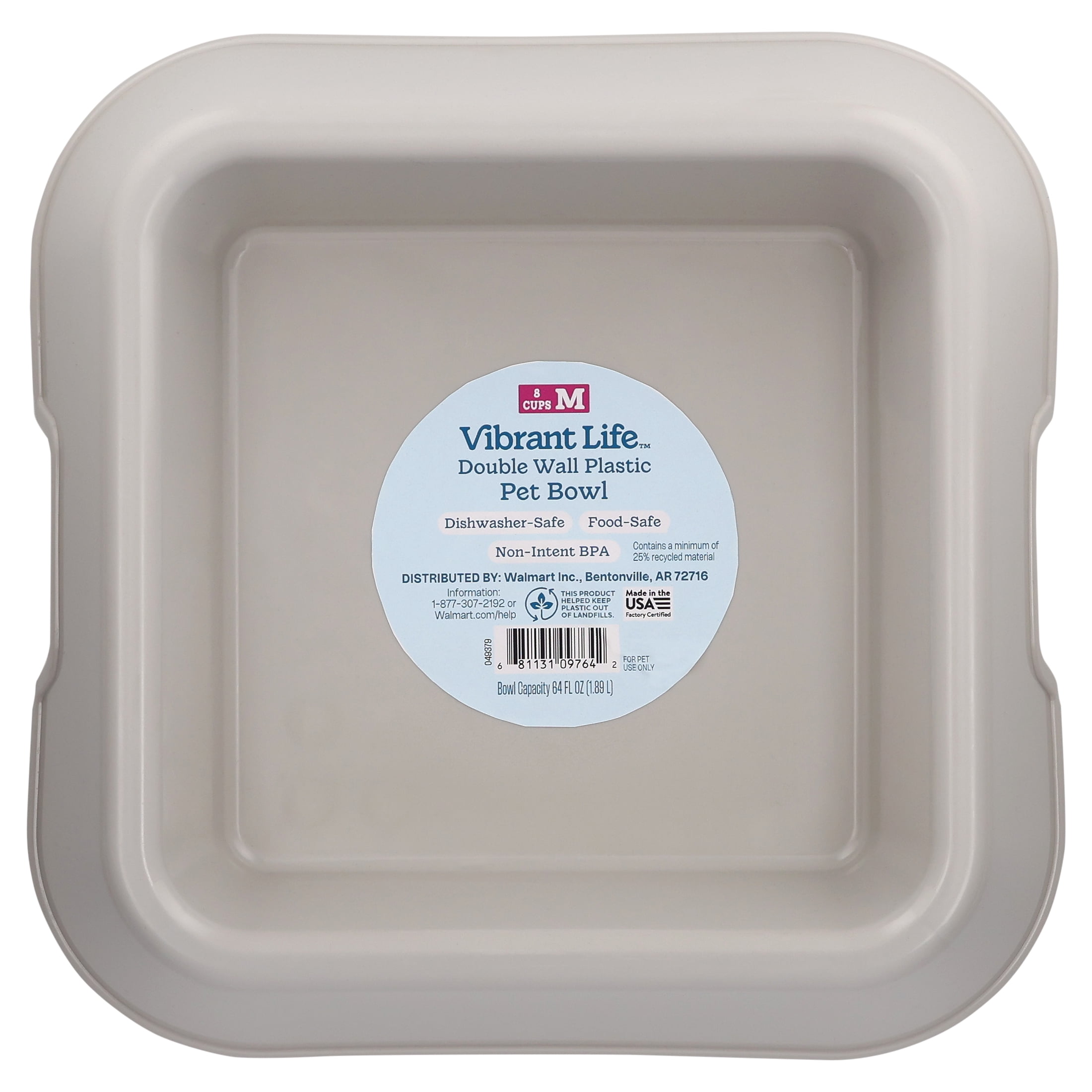 Vibrant Life Medium 8-Cup Square Double Wall Plastic Pet Bowl, Gray