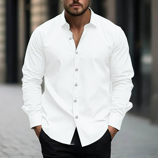 Chbgutlmr Formal Shirt for Men Lapel V Neck Button up Shirts Casual Work Office Loose Solid Color Tops