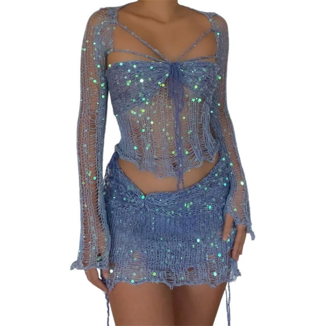 GDREDA Robe Tube Aguichant à Sequins Creux pour Femmes, Ensemble Robe et Jupes d'Hiver