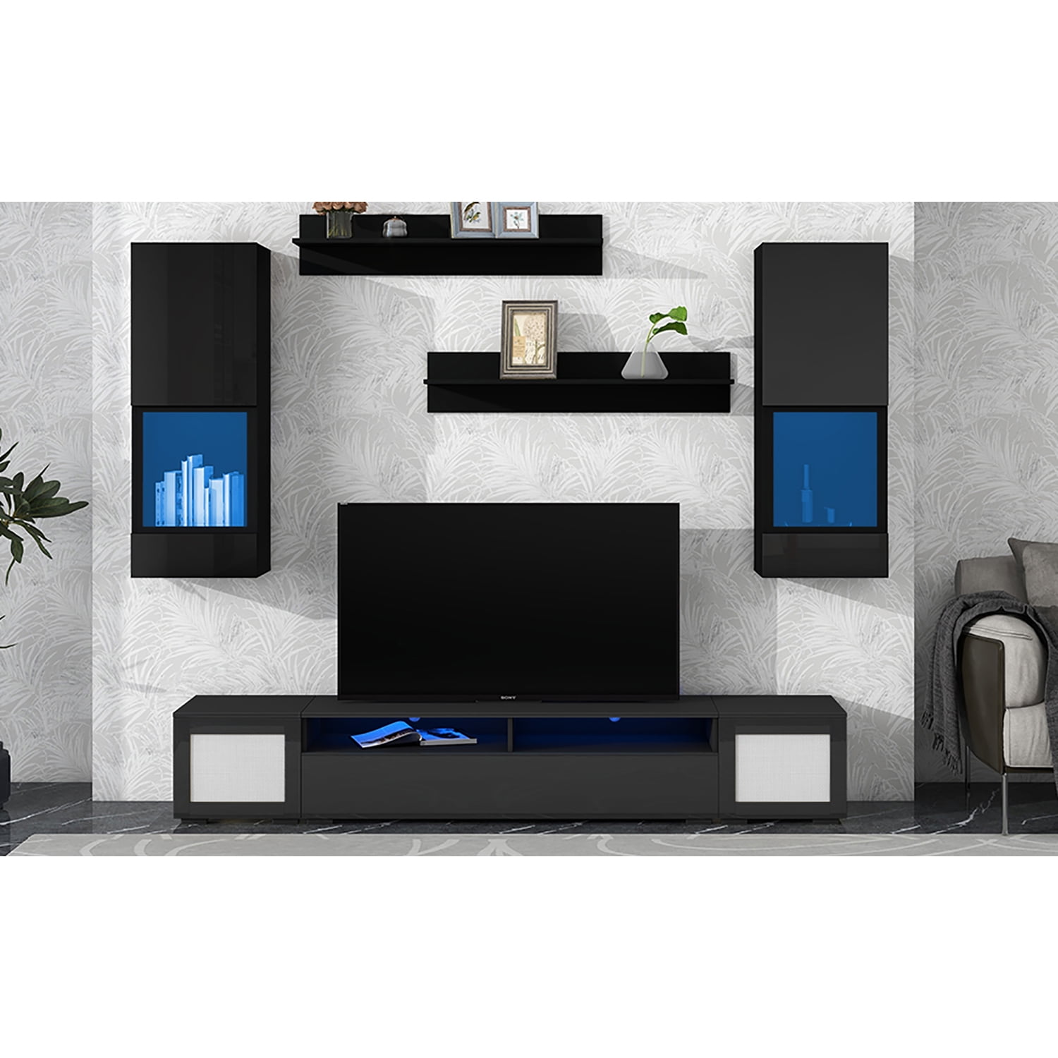 Kadyn 7 Pieces Floating TV Console Table Set, Rattan TV Stand Console for TVs Up to 90”, High Gloss Wall Mounted TV Stand with Color Changing LED Lights for Home Theatre, Black