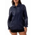 thumbnail image 3 of Women'S Loose Fashion Long Sleeve Lapel Oversized Faux Leather Jacket with Zipper Spring Fall Clothing Dark Blue L, 3 of 9