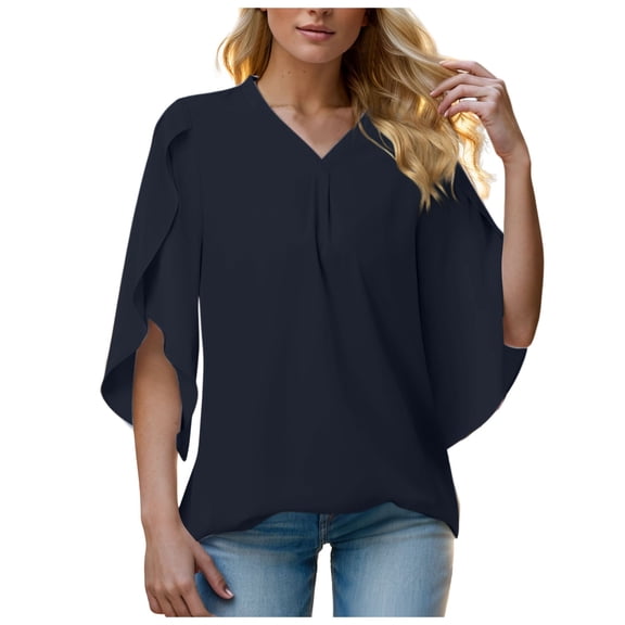 OSOLU Women Solid Color Fashion V-Neck T-Shirt Tshirts Tee Loose Temperament Casual Petal Sleeve Shirt Tops Leisure Dailywear