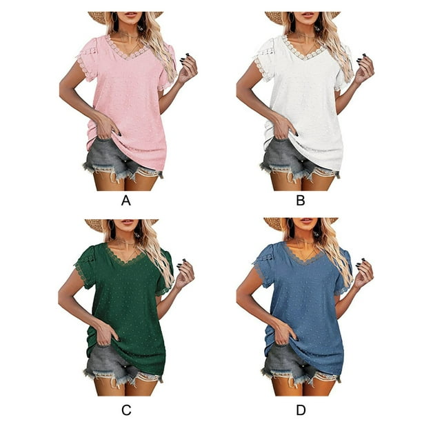 Women Cotton T-Shirt Loose Lace Solid Color Summer Top Travel Beach  Vacation Sports Hiking Party Female Daily Wear Clothing Pink XL 