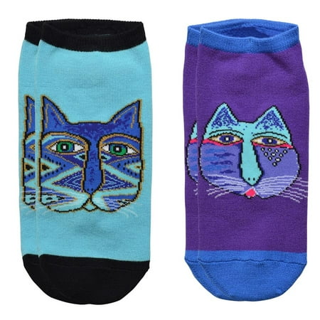 

LAUREL BURCH Women s No Show Socks (2-Pack) Vibrant Whimsical Animal Design (Blue/Cat)