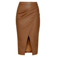 thumbnail image 4 of Women's Leather High Waist Front Slit Zip Back Ruched Bodycon Midi Skirt - Autumn Club Wear, S-XL, 4 of 4