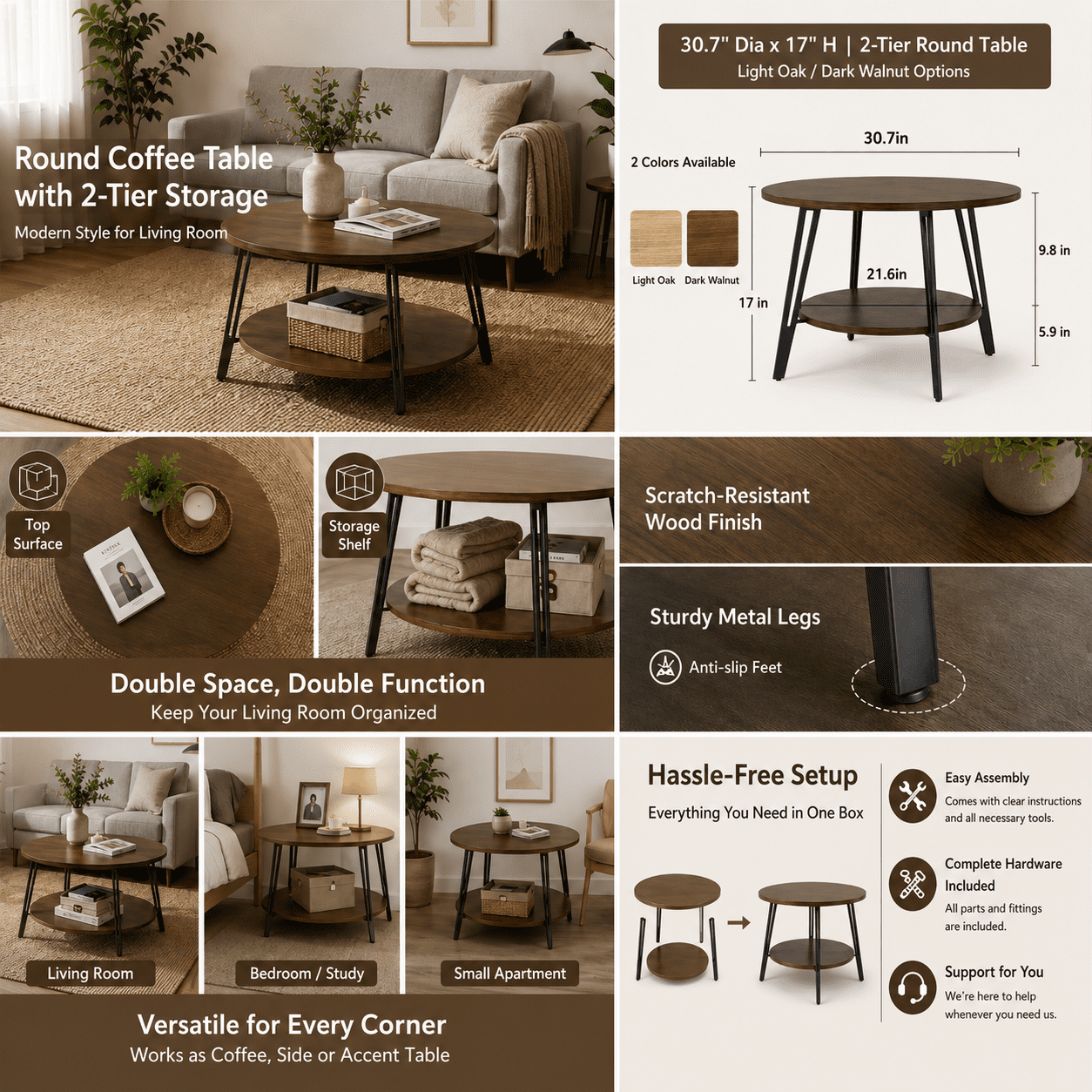 Manora Round Coffee Table with Storage 2-Tier Design, Vintage Coffee Table for Living Room, Natural