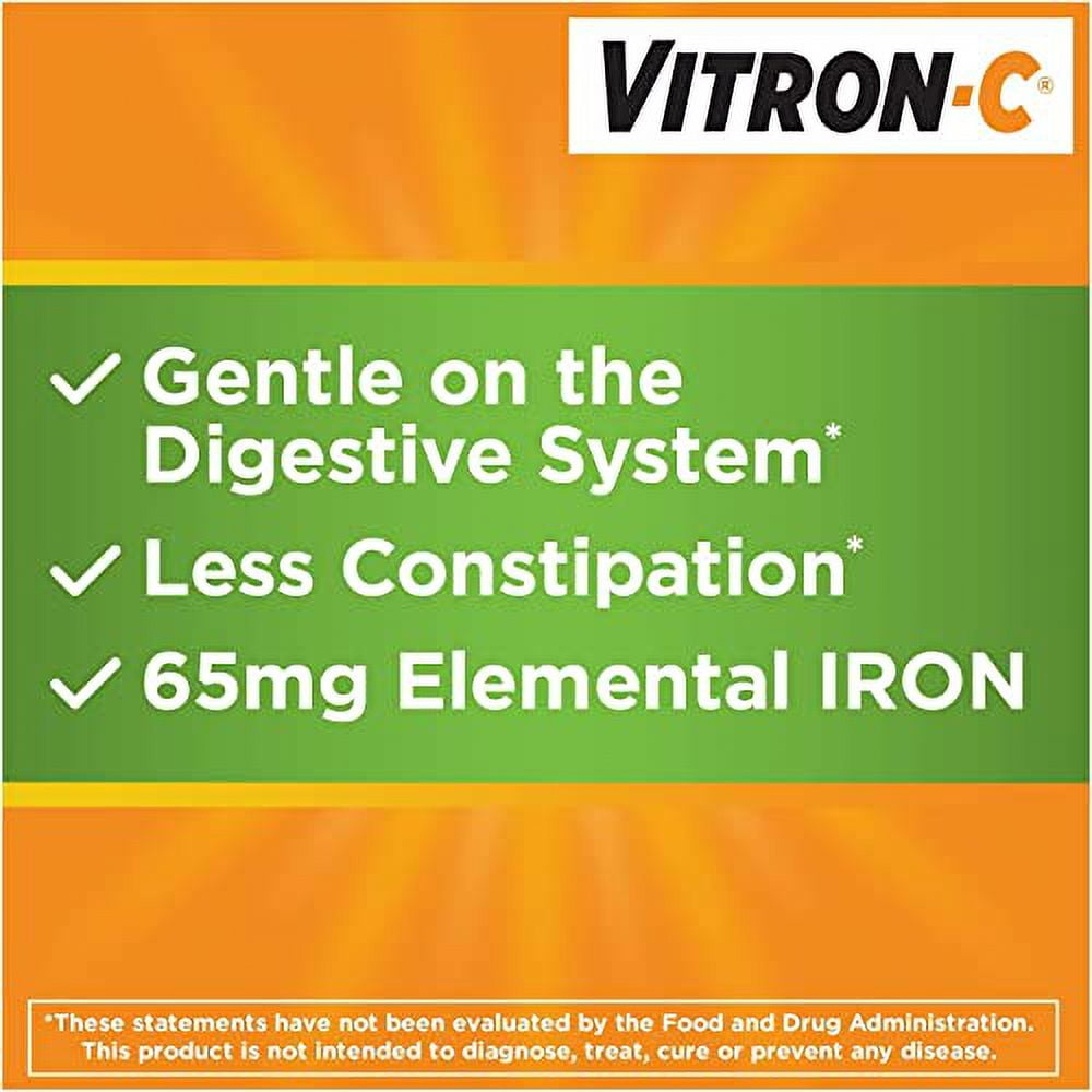 Vitron-C High Potency Iron Plus Vitamin C, Helps Absorb Iron, Gentle on Digestive System, Less Constipation, 60 Coated Tablets (pack of 5)