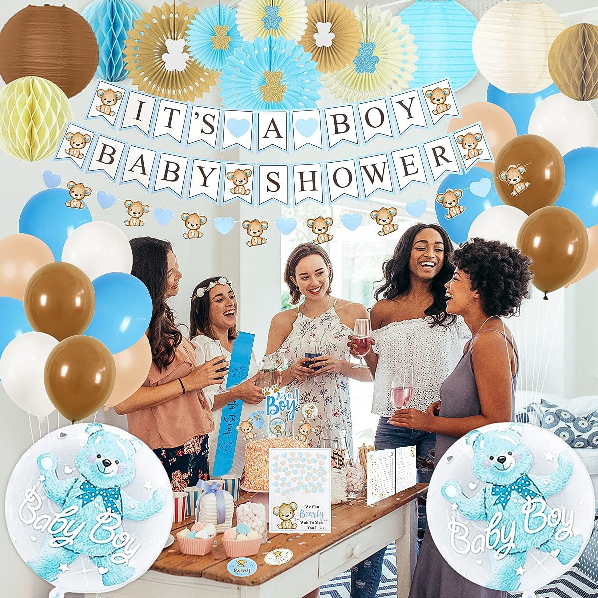 210 PC Teddy Bear Baby Shower Decorations for Boy Kit- It's a BOY Pre-Strung Banners, Garland, Streamers Guestbook Mommy Sash Blue Brown Balloons Cake Toppers Paper Fans Lantern Games & Favor Sticker