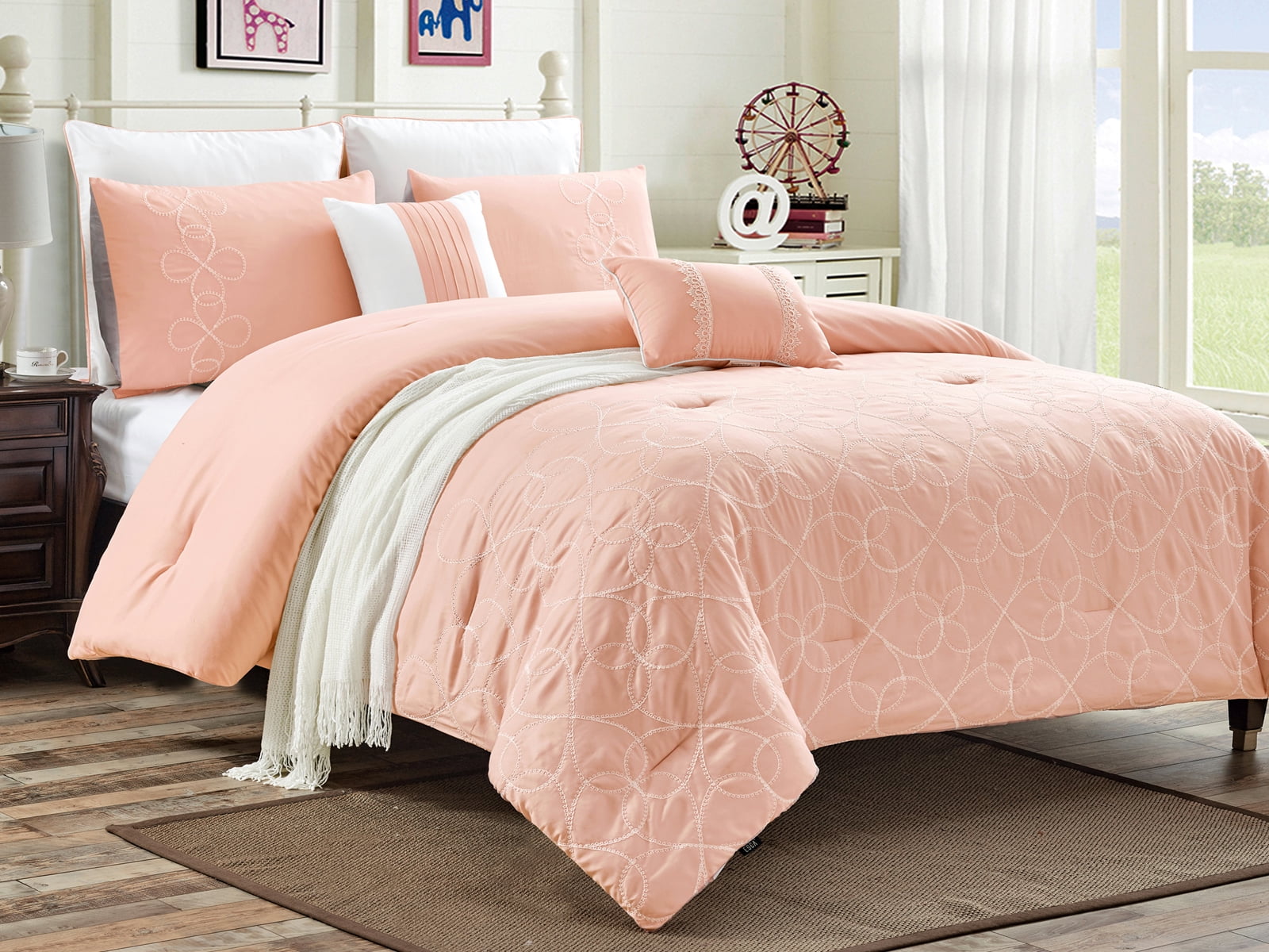 12 Piece Daphne Comforter Curtain Set Bedroom Bundle Clover Fl Scroll Embroidery Pastel Pink White Queen Size 12 Piece Daphne Comforter Curtain Set