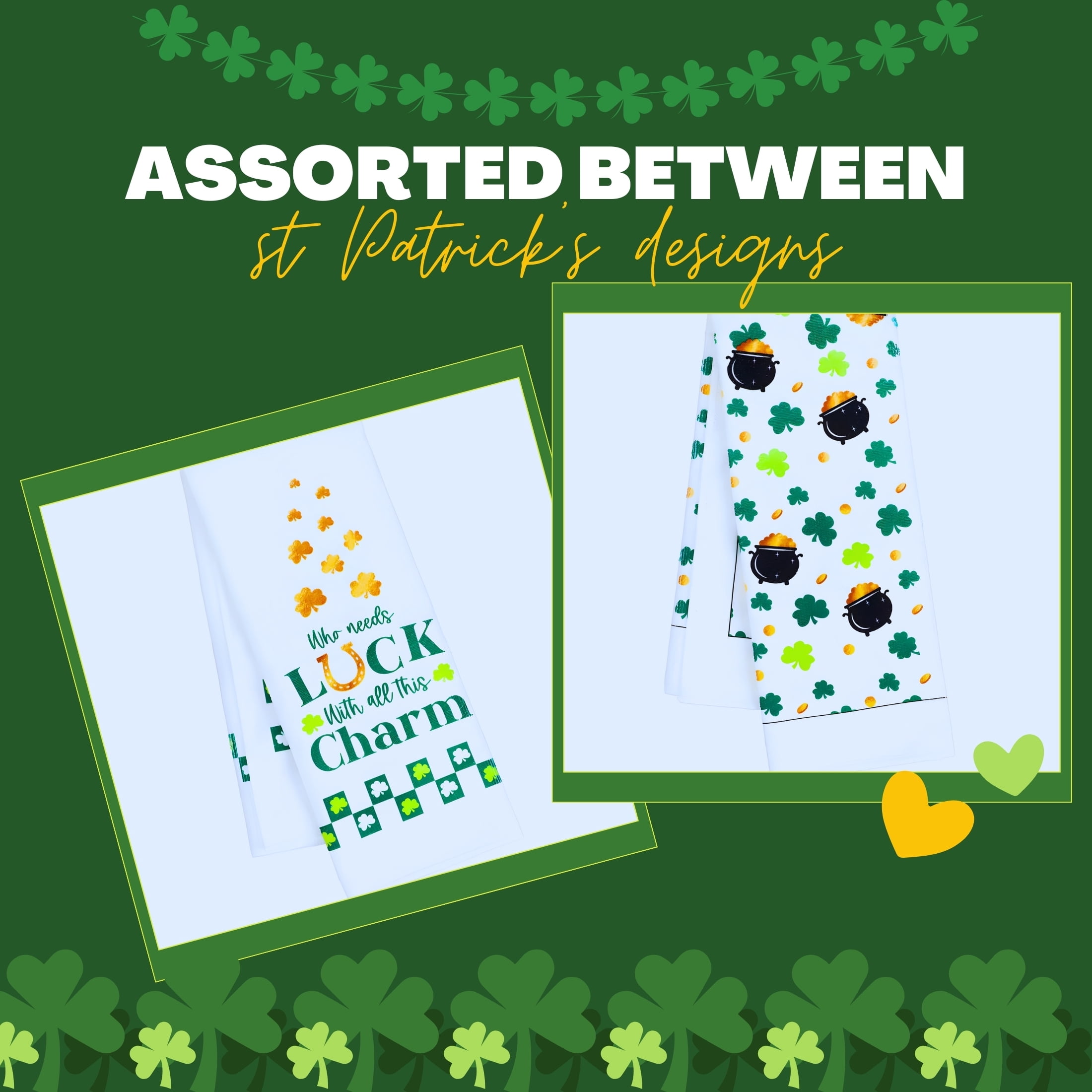 3-Pack St. Patrick’s Day Kitchen Towel Set, 15 x 25 in Shamrock & Irish Luck Dish Towels Reusable Absorbent Seasonal Home Décor Housewarming Gift