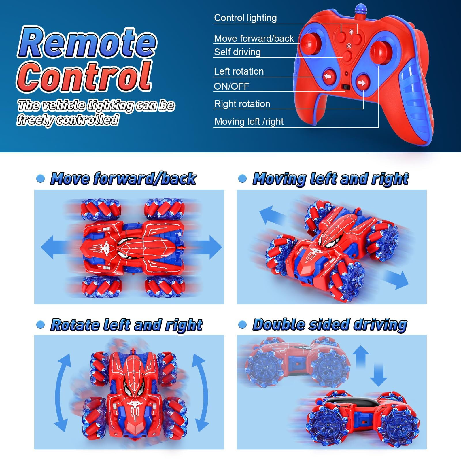 JBeeCtrl Remote Control Car for Boys 3 4 5 6 7 8 Year Old 360° Rotating Double Sided RC Stunt Cars with Cool Headlights,Rechargeable 4WD off Road Drift Toys for Kids Chritmas Birthday Gift