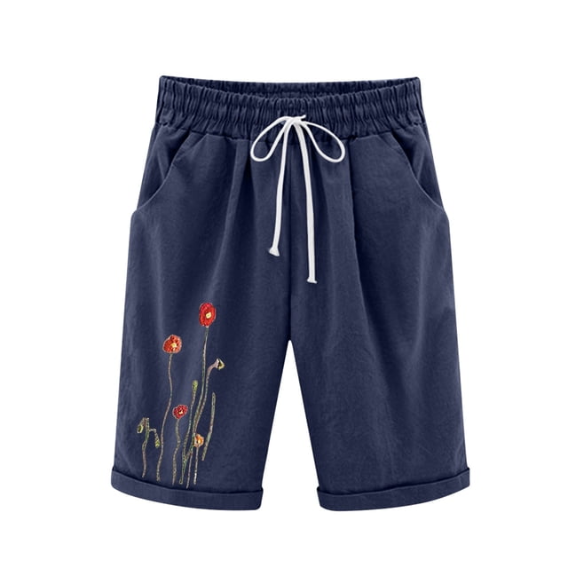 Womens Summer Shorts Casual Printed Drawstring Elastic Waist Short Pants Pockets Ladies Plus Size Beach Shorts