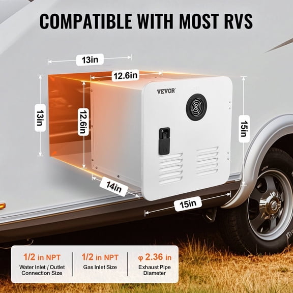 RV Tankless Water Heater, Instant Hot Shower System with 15x15 Inch White Door & Remote Control, 55,000 BTU Optimized Comfort, Ideal for RV Families Daily Use