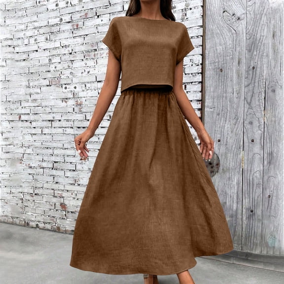 asdoklhq Summer Wedding Guest Dresses For Women Black Cocktail Dress Summer Crew Neck Short Sleeve Top & Midi Skirt Piece Set Brown L
