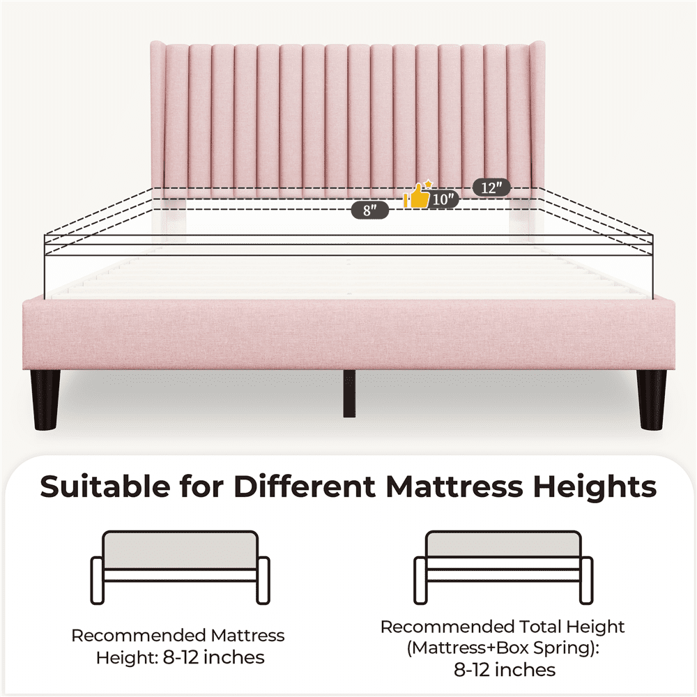 Renwick Queen Upholstered Platform Bed Frame with Channel Tufted Headboard, Pink