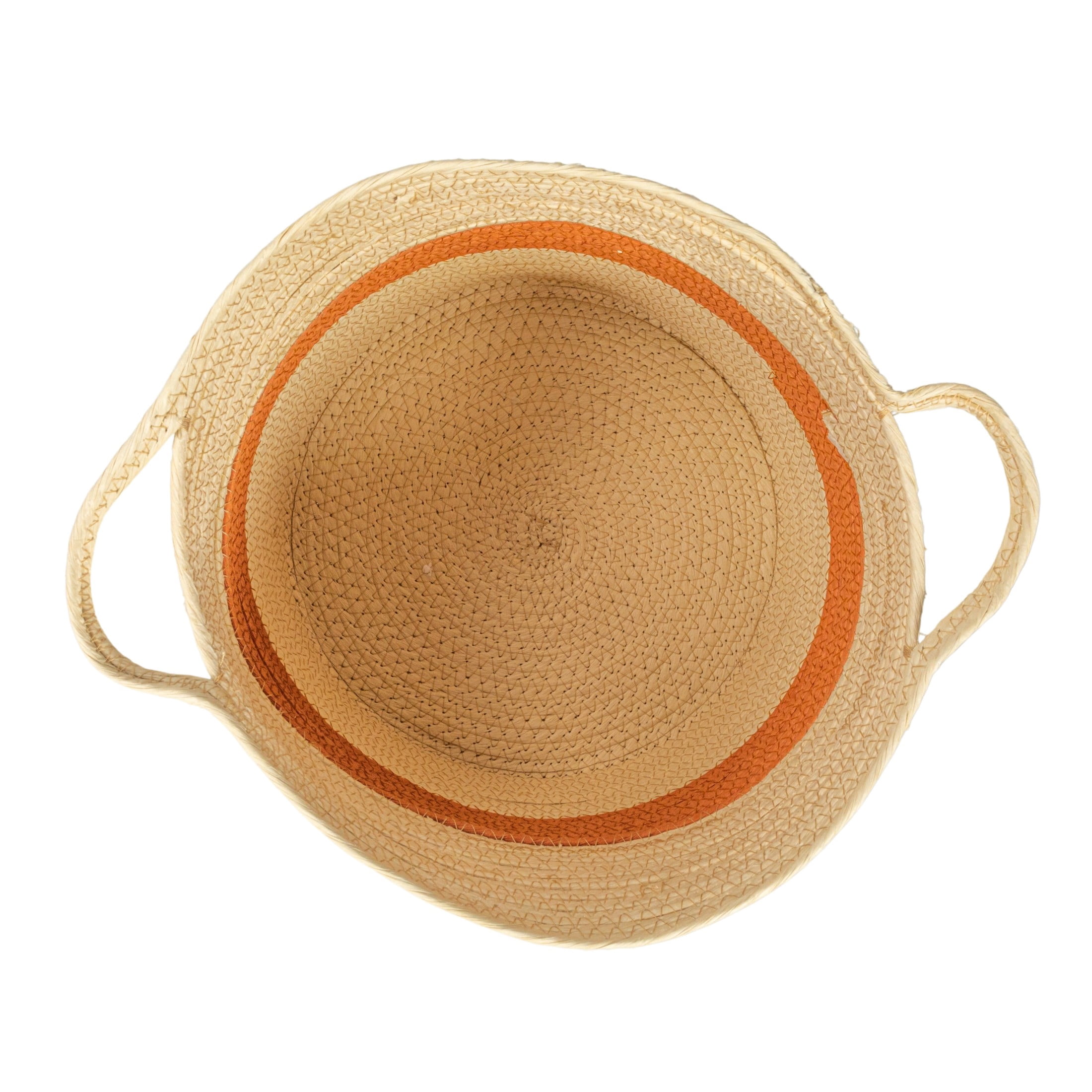 Household Essentials Round Handwoven Paper Rope Basket with Terracotta Stripe and Handles, Natural