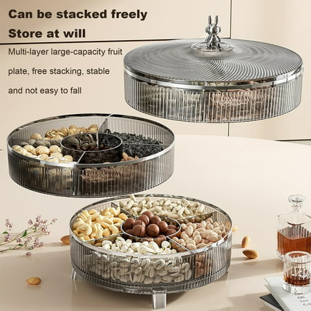 

Homerr Large Capacity Storage Box Dried Fruit Storage Container Triple-Layered Nut Serving Tray with Lid - 360-Degree Rotation BPA-Free Transparent Plastic Snack Platter