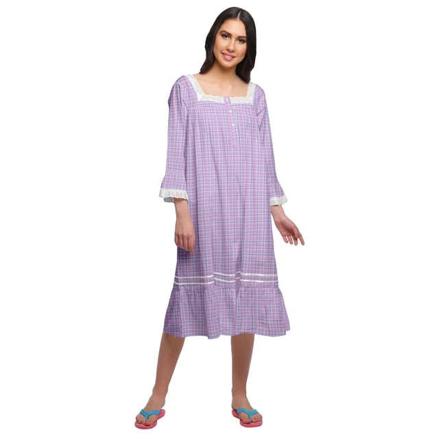 Moomaya Chemise de Nuit Évasée à Manches Longues en Coton avec Boutons