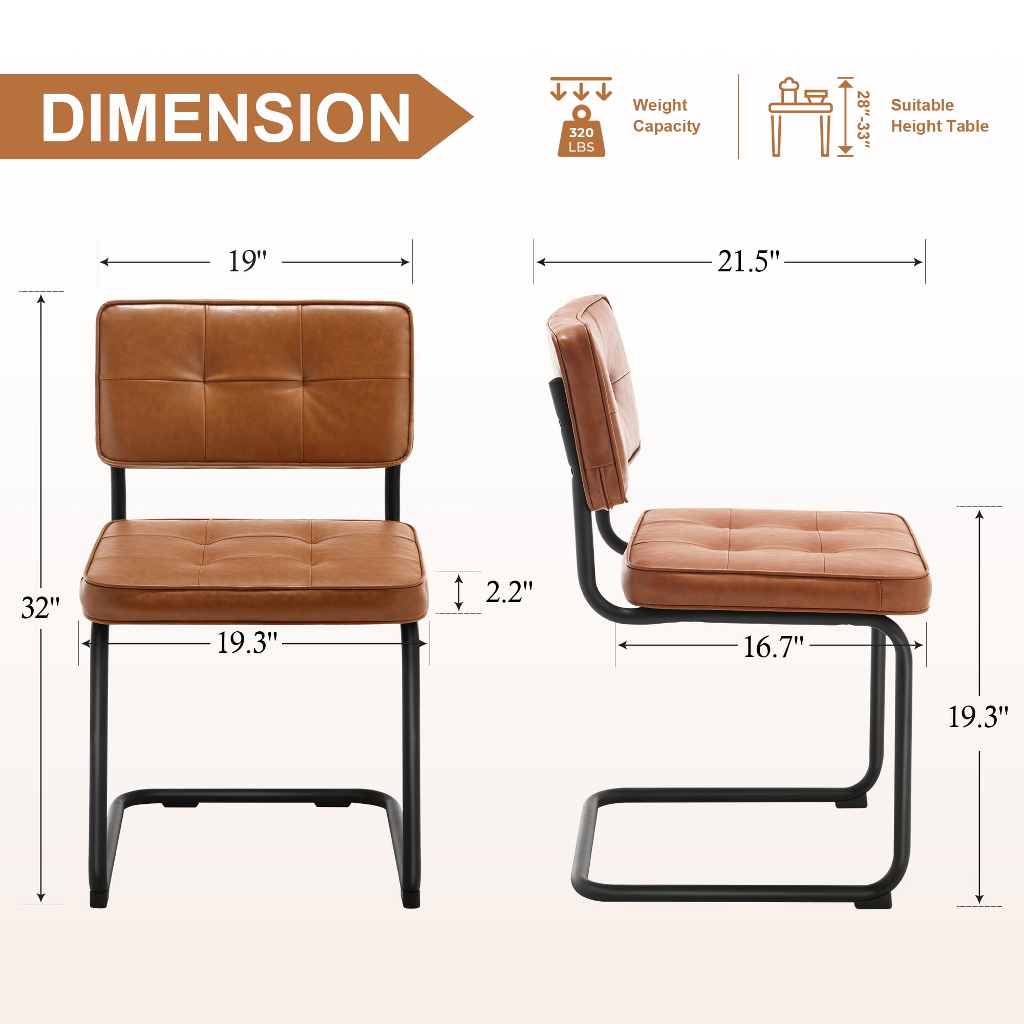 ONEVOG 19.3'' Mid-Century Modern Dining Chairs Set of 2, Faux Leather Cantilever Kitchen Chairs with Matt Black Legs for Kitchen Dining room, Brown