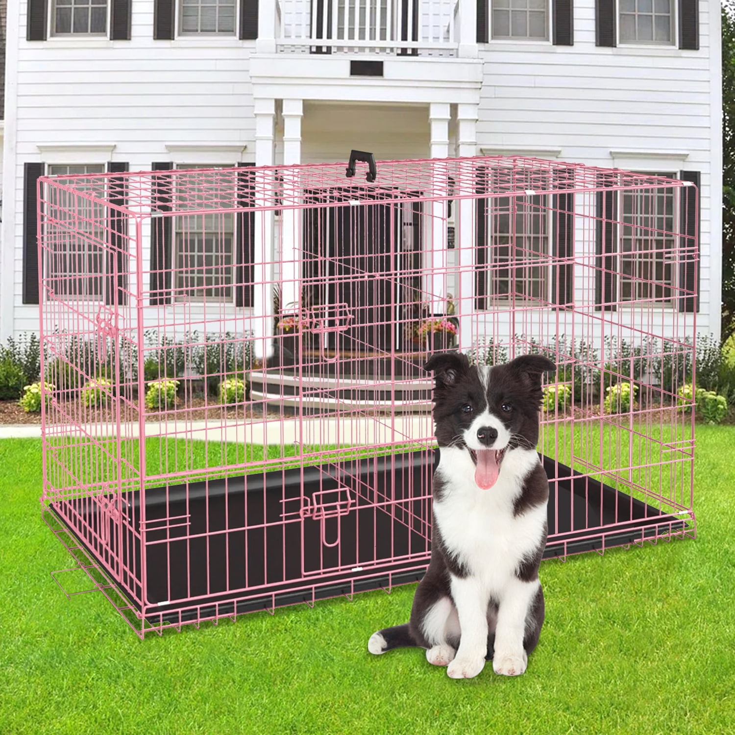 NiamVelo 48 inch Large Dog Crate Dog Cage Dog Kennel, Folding Metal Wire Pet Crate with Handle and Plastic Tray, Indoor&Outdoor, Pink XXL