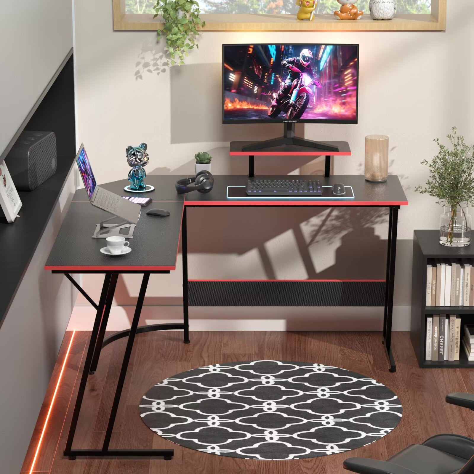 YRLLENSDAN 50 Inch L shaped Corner Gaming Desk, Adjustable Computer Desk with Large Desktop, Home Office Desk with Monitor Stand, for Home and Work Place, Black