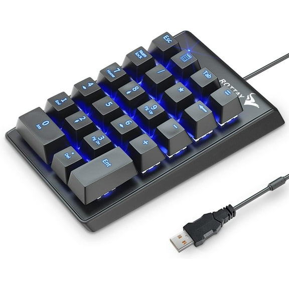 Number Pad, Mechanical USB Wired Numeric Keypad with Blue LED Backlit 22 Key Numpad for Laptop Desktop Computer PC Black (Blue switches)
