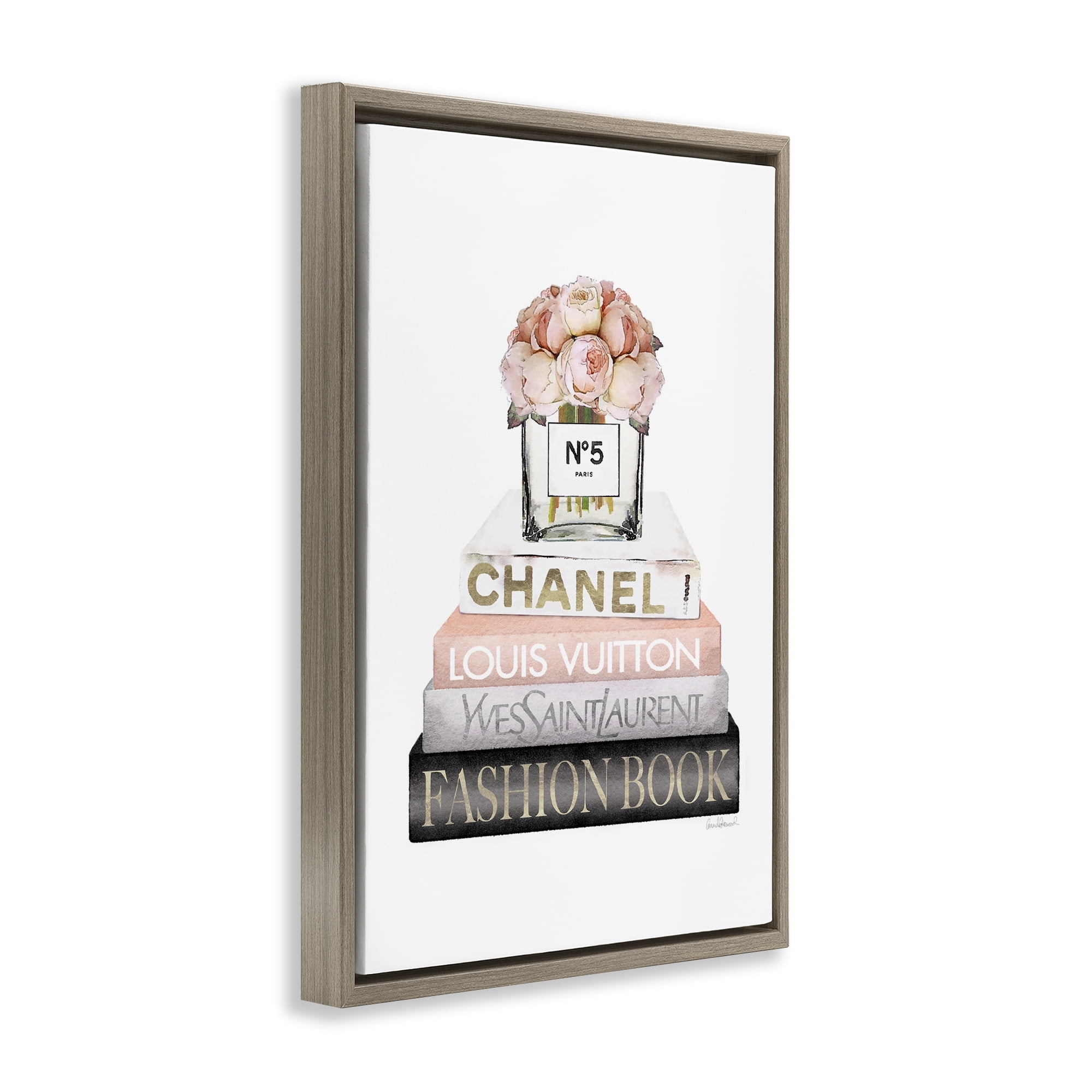 Stupell Industries Fashion Bookstack Peonies Botanical & Floral Painting Brown Floater Framed Art Print Wall Art, 17 x 25